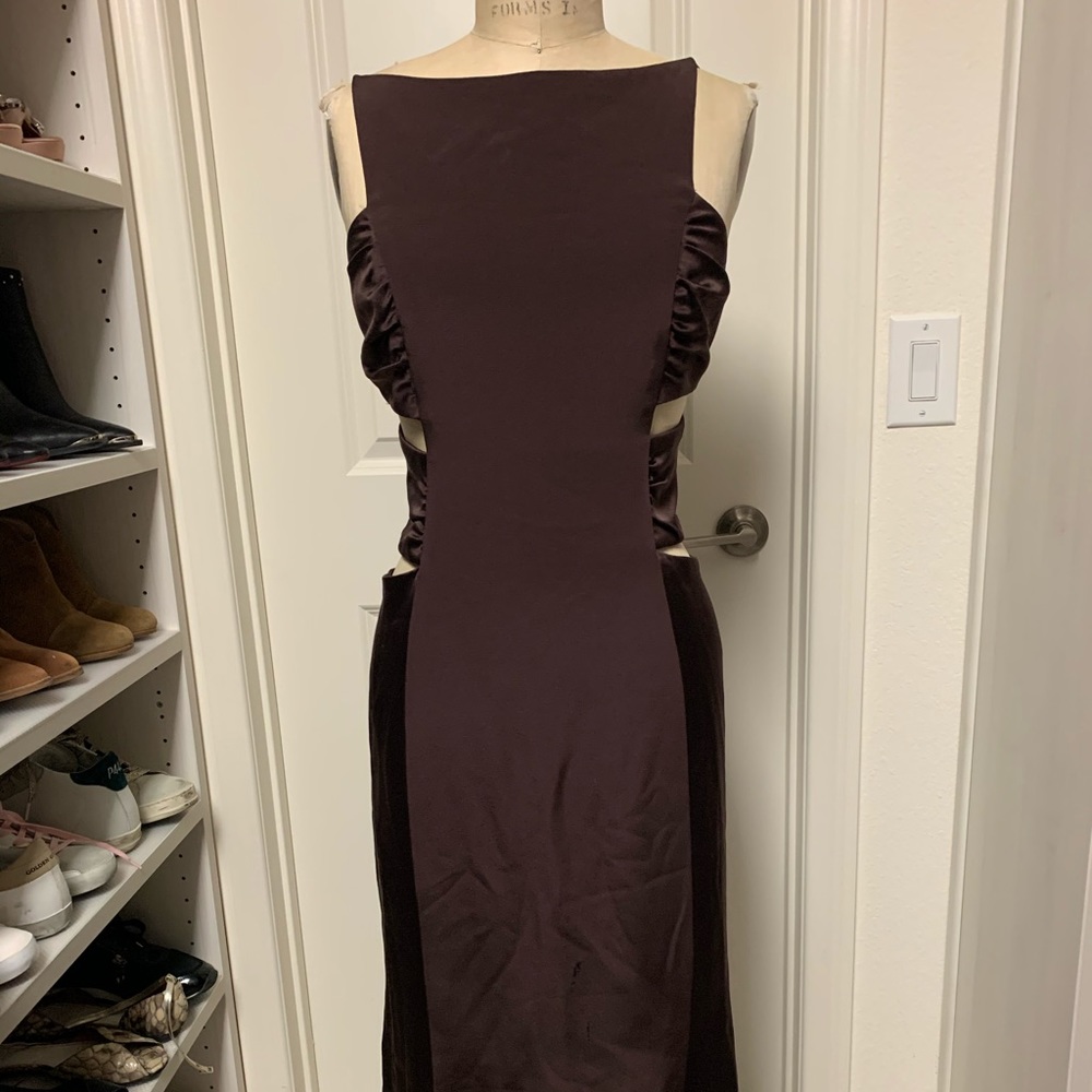 Angel Sanchez chocolate satin dress with cutout
